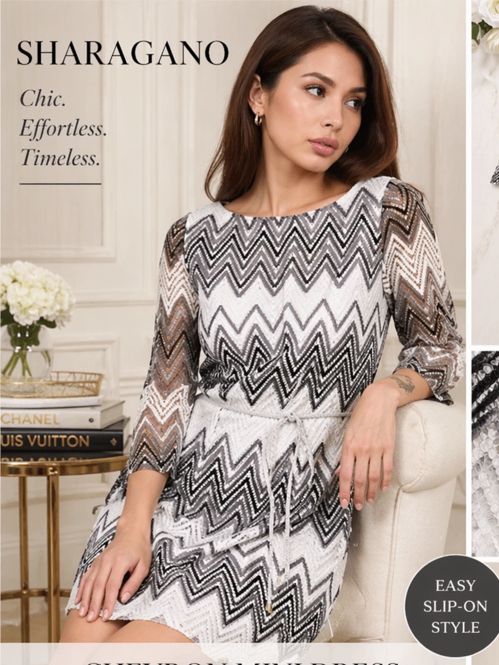 Sharagano Grey Chevron Mini Dress Size 14 Multicolor 3/4 Sleeve Shift Dress
